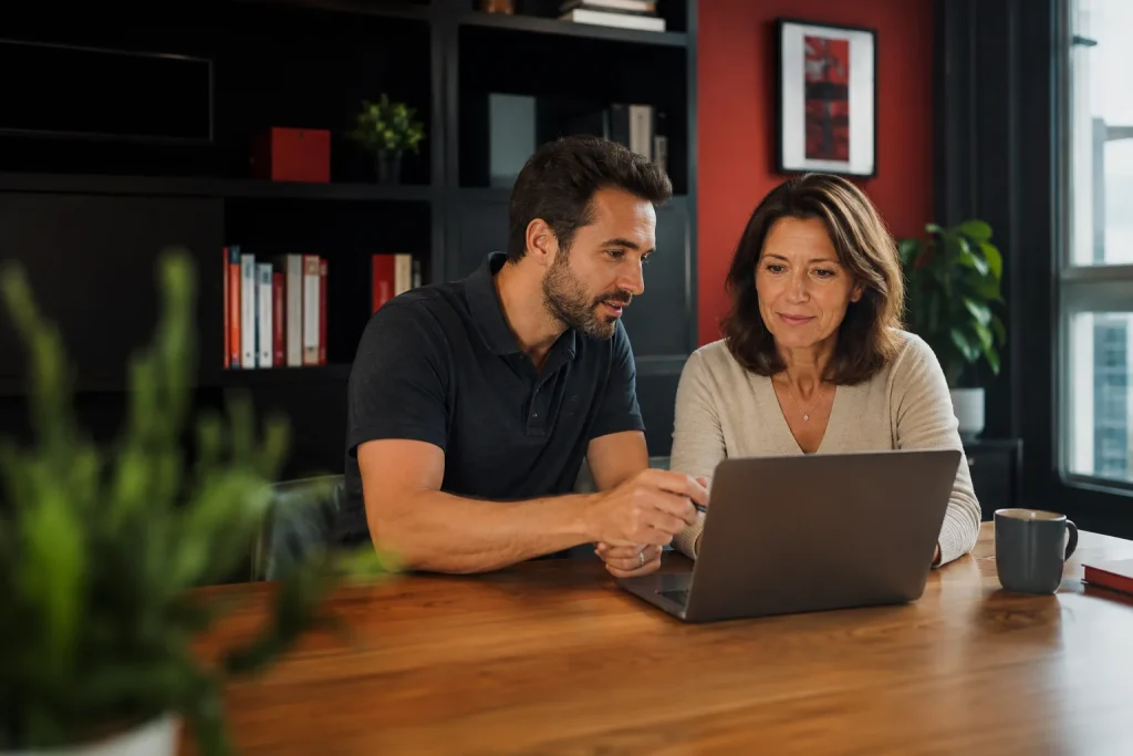 Conseiller accompagnant une cliente devant un ordinateur portable